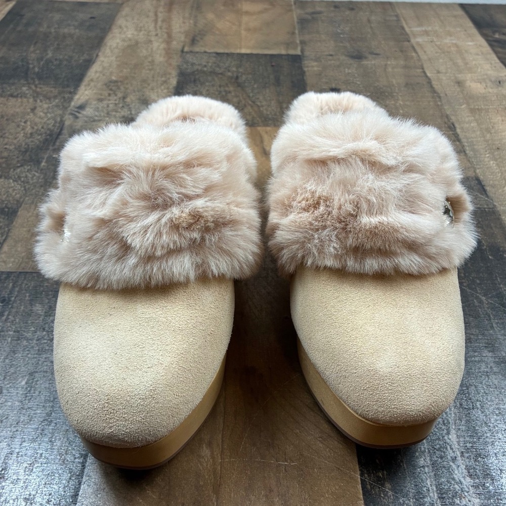 Kate Spade Faux Fur Suede Platform Mules Womens Beige Crystal Embellished Shoes - Picture 2 of 9
